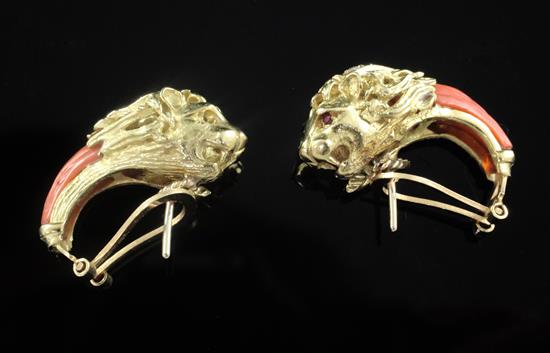 A pair of gold, diamond and coral set earrings, each modelled as the head of a lion, 25mm.